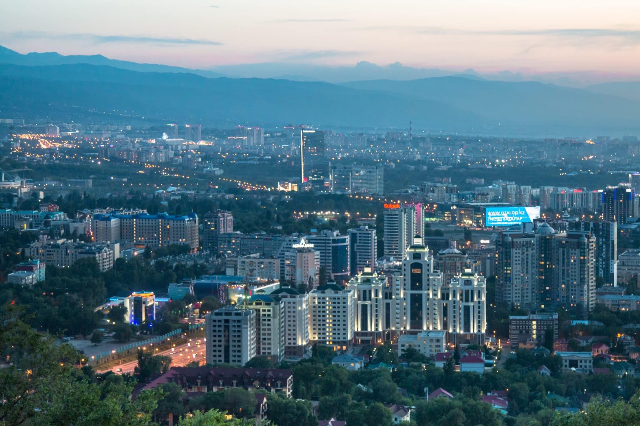 Almaty city skyline with Tian Shan mountains